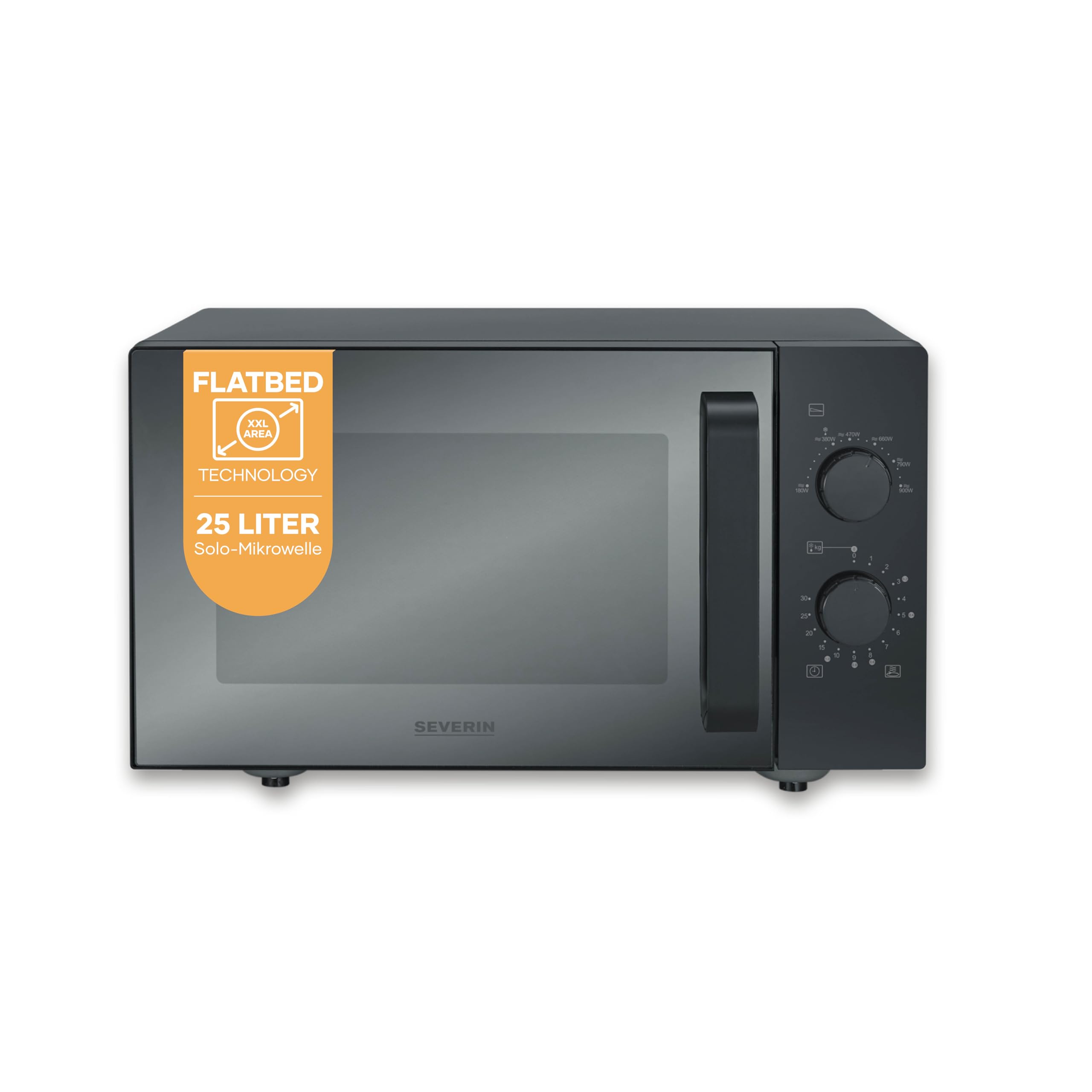 Severin Severin S-Wave Mikrowelle mit flachem Glasboden, ca. 25L, 6 Automatikprogramme bis 900W, ideal für großes Geschirr & Auflaufformen, Drehregler, Timer bis 30 Minuten, schwarz/Edelstahl, MW 7782