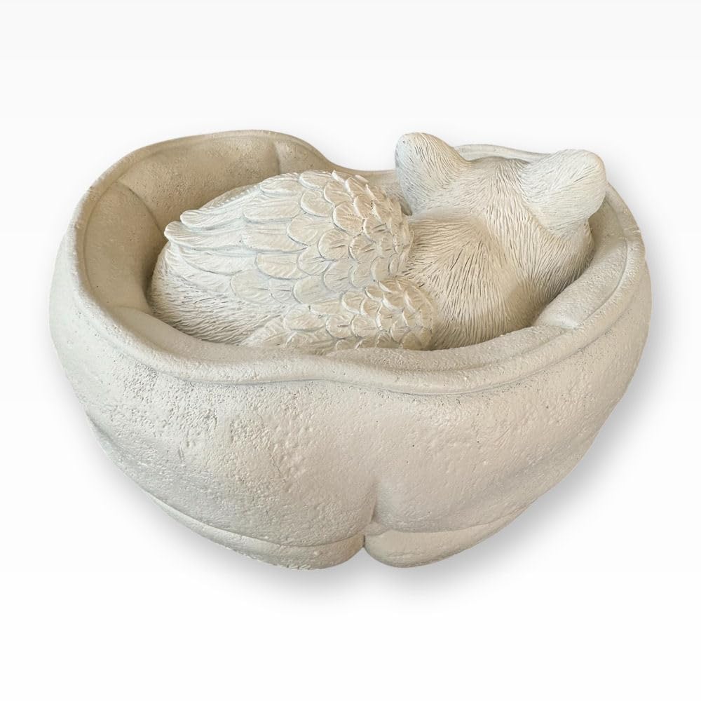 Monello Katzenurne Schlafende Katze, Tierurne mit Engelsflügeln, 1L Füllvolumen, für Katzen bis 15 kg, mit Gravur auf Wunsch (Creme)