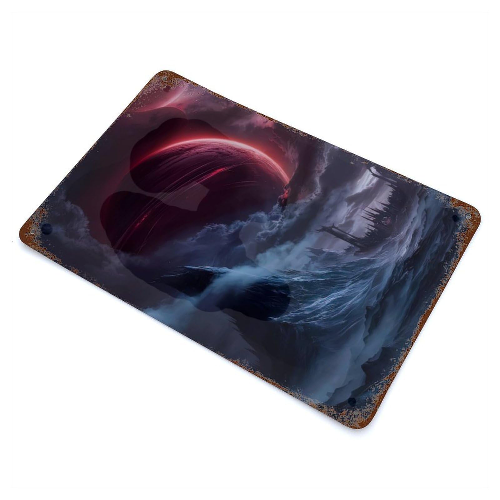 Crimson Planet Eclipse 11.8"x7.9" Retro Metal Sign, Old School Wall Decor for Office, Studio And Wall Decor