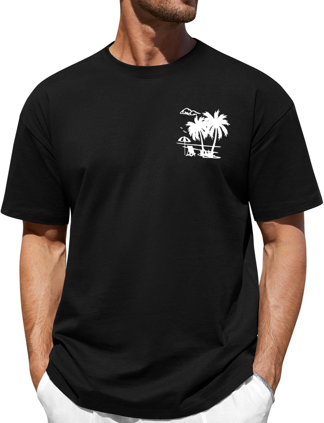 Lonya Tee Shirt Homme Oversized Été, Graphic T-Shirts à Manches Courtes 100% Coton Imprimé Palmier Vagues Coucher de Soleil Col Rond Basique Casual Plage Vacances Tops