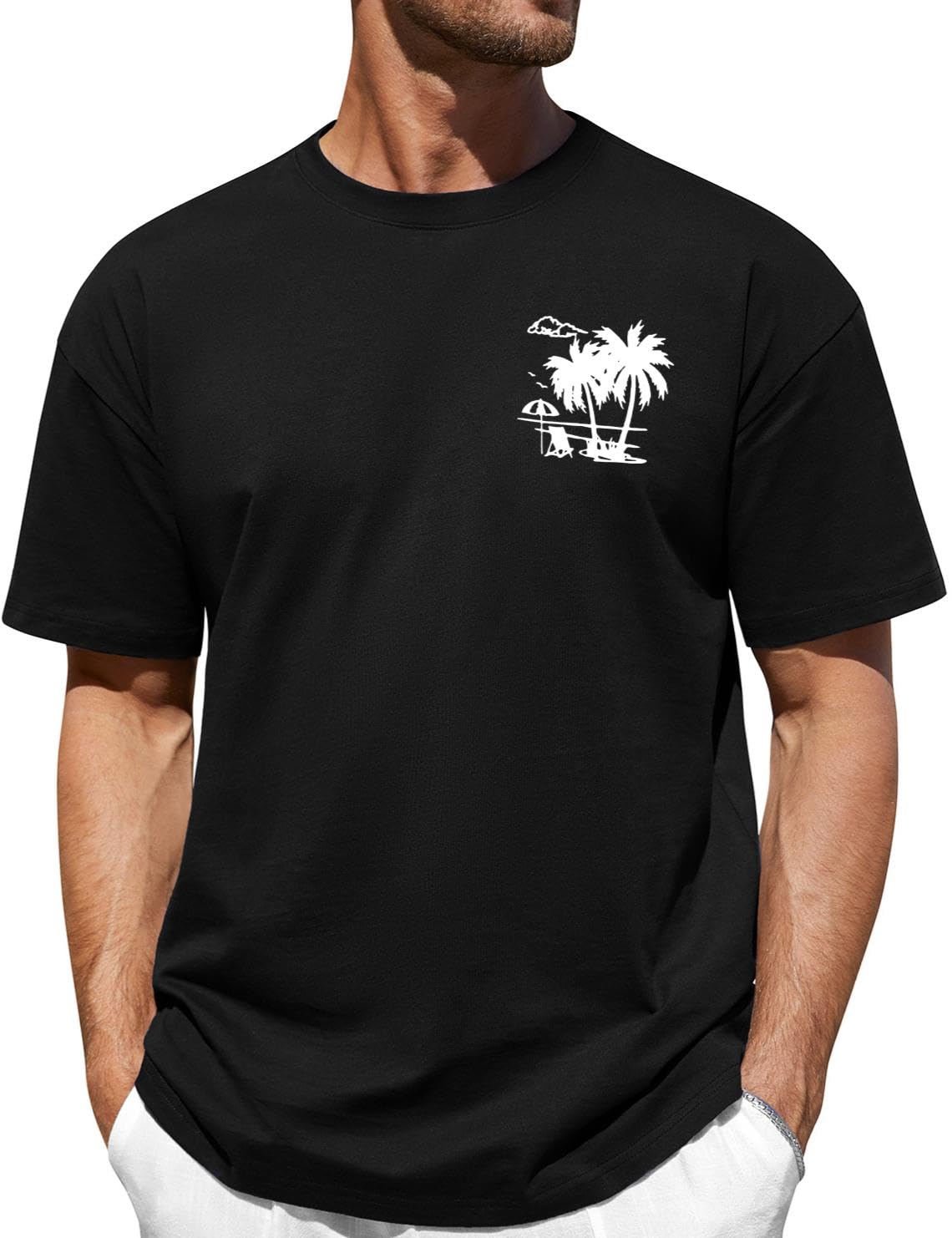 Lonya Herren Oversize T Shirt Sommer, Baumwolle Rundhals Kurzarm, Kokosnussbaum Strand Sonnenuntergang Palm Bedruckte Streetwear Basic Casual Oberteile Top