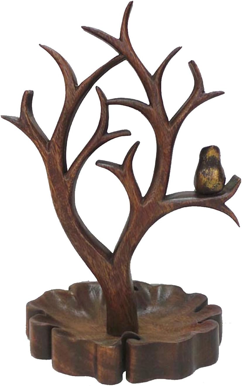 Solid Wood Jewelry Hanging Tree Stand Multi-Functional Necklace Holder Display Organizer Rack With a Ring Dish Tray Great For Organization Can Be Used As Decor, Dining Room Centerpiece