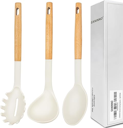 EANINNO Juego de cucharas de cocina de silicona, 3 cucharones de sopa, antiadherentes, cuchara sólida, servidor de pasta para salsa de espagueti,