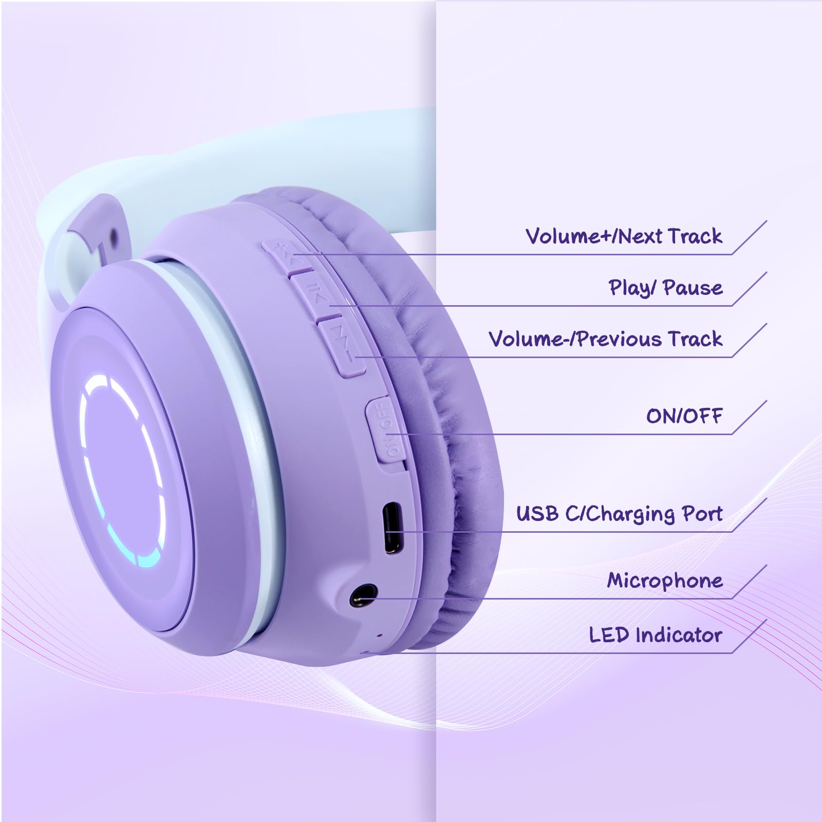 Sendowtek Auriculares Inalámbricos para Niños, Diadema Auditiva con Micrófono y LED Luz Compatible con Móviles Tablets PCs, Cascos Bluetooth Oreja de Gato para Niñas Chica y Adultos Viaje (Morado)