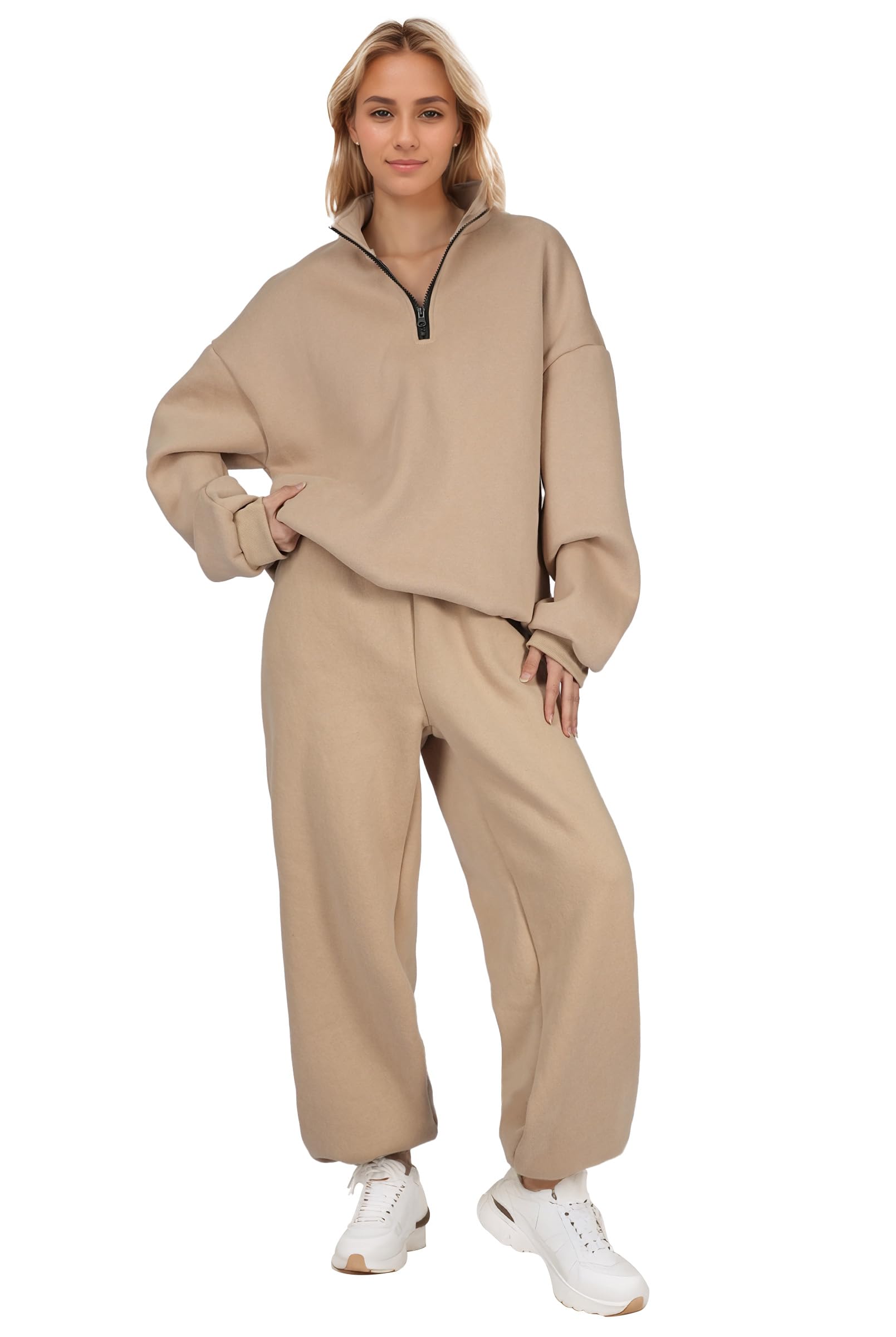 Womens Sweat Suits 2 Piece Set, Long Sleeve Comfort Womens Sweatsuits with Half Zip Collar, Side Pockets, Elastic Waistband