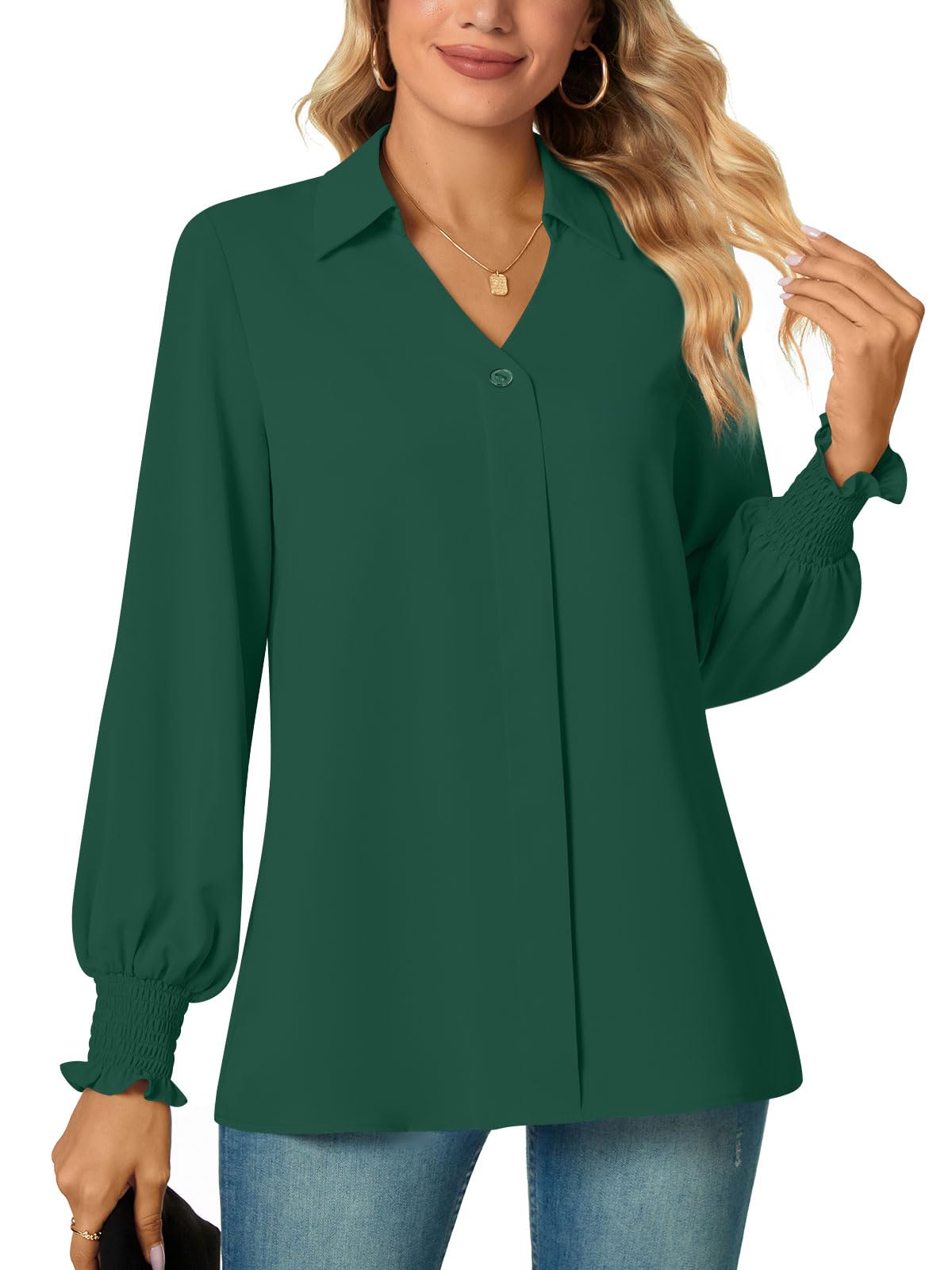 AodemoWomen's Summer Collared V Neck Chiffon Blouse Dressy Business Tunic Petal Short Sleeve Office Shirt Tops for Work