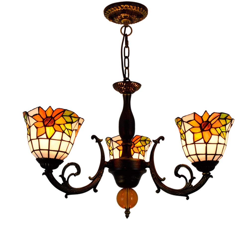 SYAXVOM Ceiling Pendant Light Fixture Tiffany Style Stained Glass Chandelier Idyllic Sunflower Lamp Shades 3 Arms with Inverted