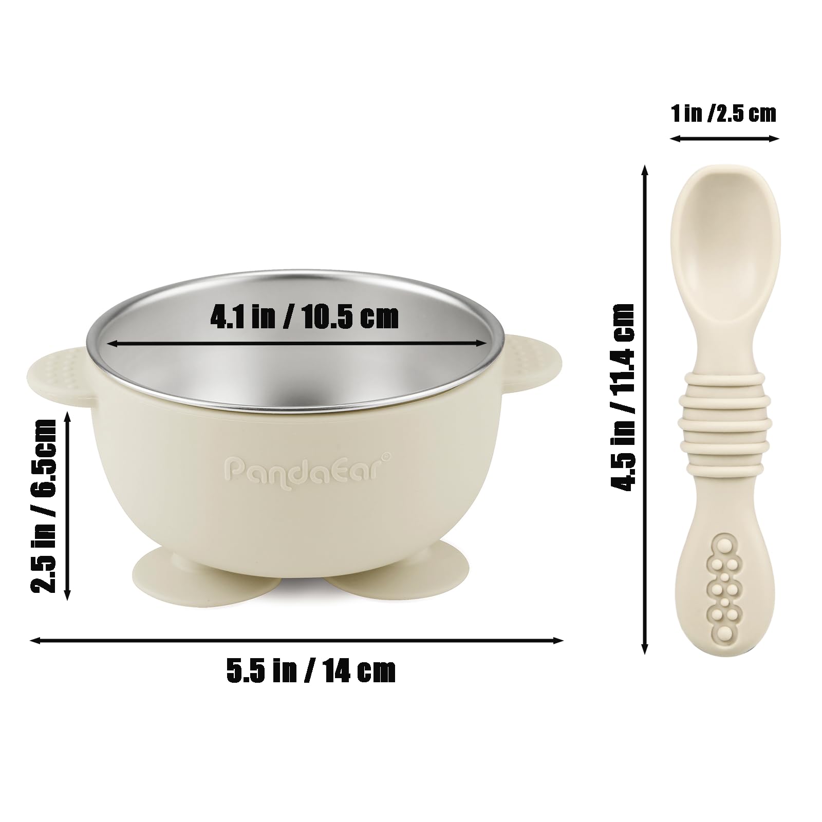 PandaEar Lot de 3 Bols Inox avec Ventouse et 3 Cuillères en Silicone | Set Antidérapant pour Bébé et Tout-Petit, Idéal pour Diversification Alimentaire, Sans BPA (Lin, Marron, Gris)
