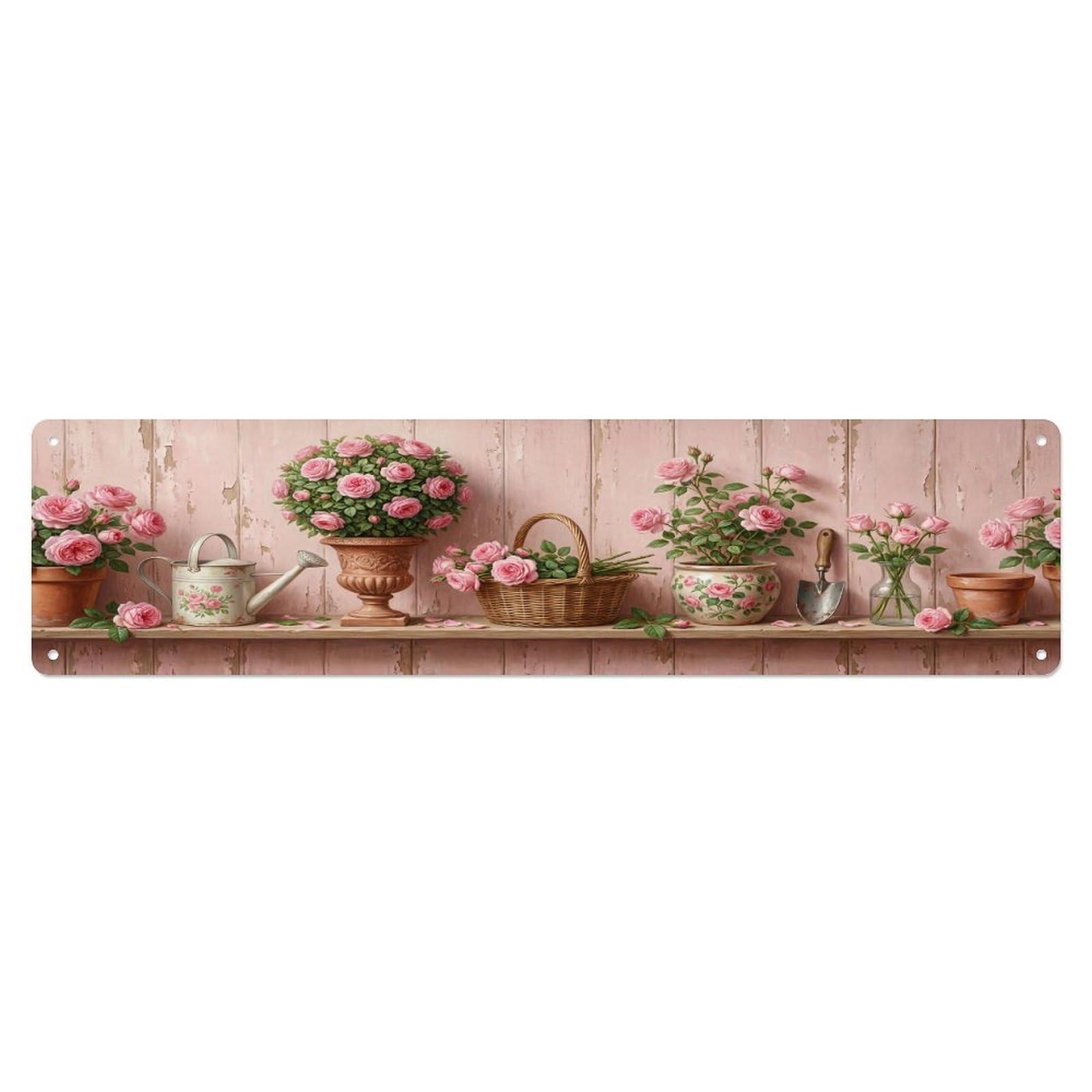 Floral Garden Tools Rose Topiary Pattern Print Metal Tin Sign