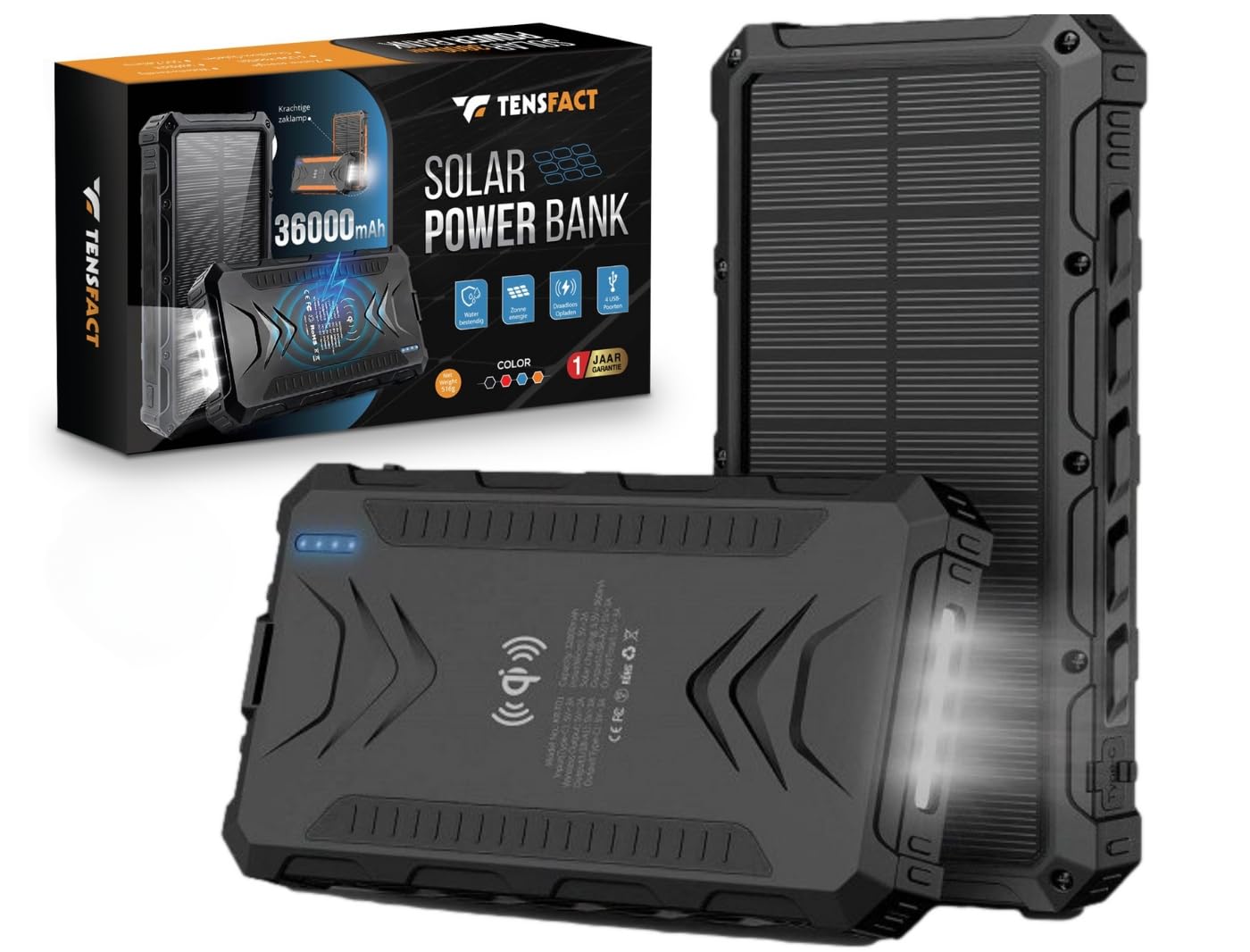 Solar Powerbank 36000 mAh Cargador Inalámbrico - Powerbank Solar - USB & USB-C (Negro)