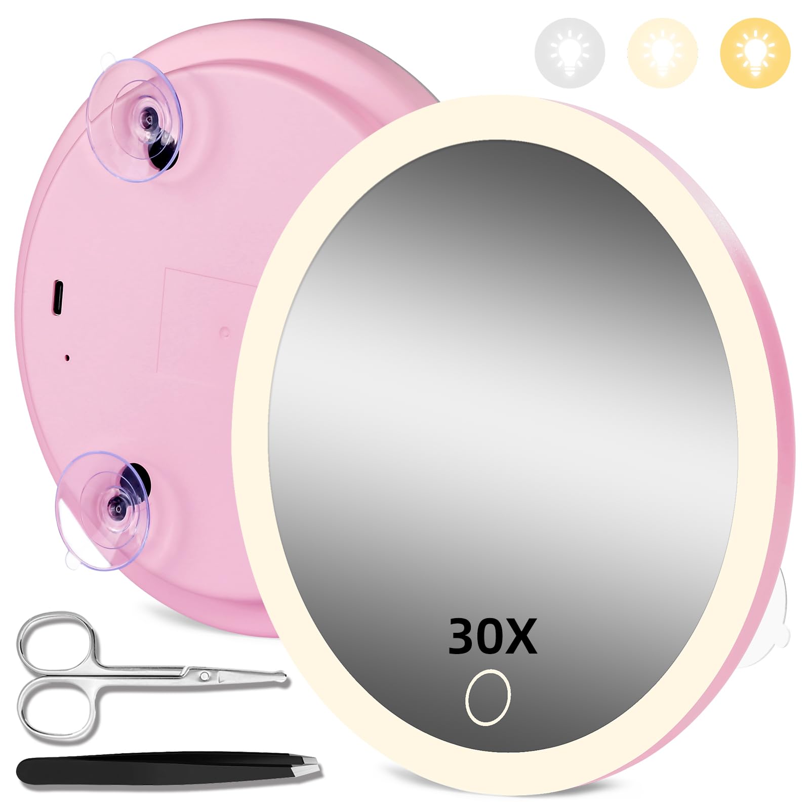 JADAZROR Espejo de Aumento 30X con Luces, Espejo de Viaje de 15 cm con Aumento, Espejo de Aumento Iluminado Recargable, Espejo de Aumento de Viaje portátil 30x