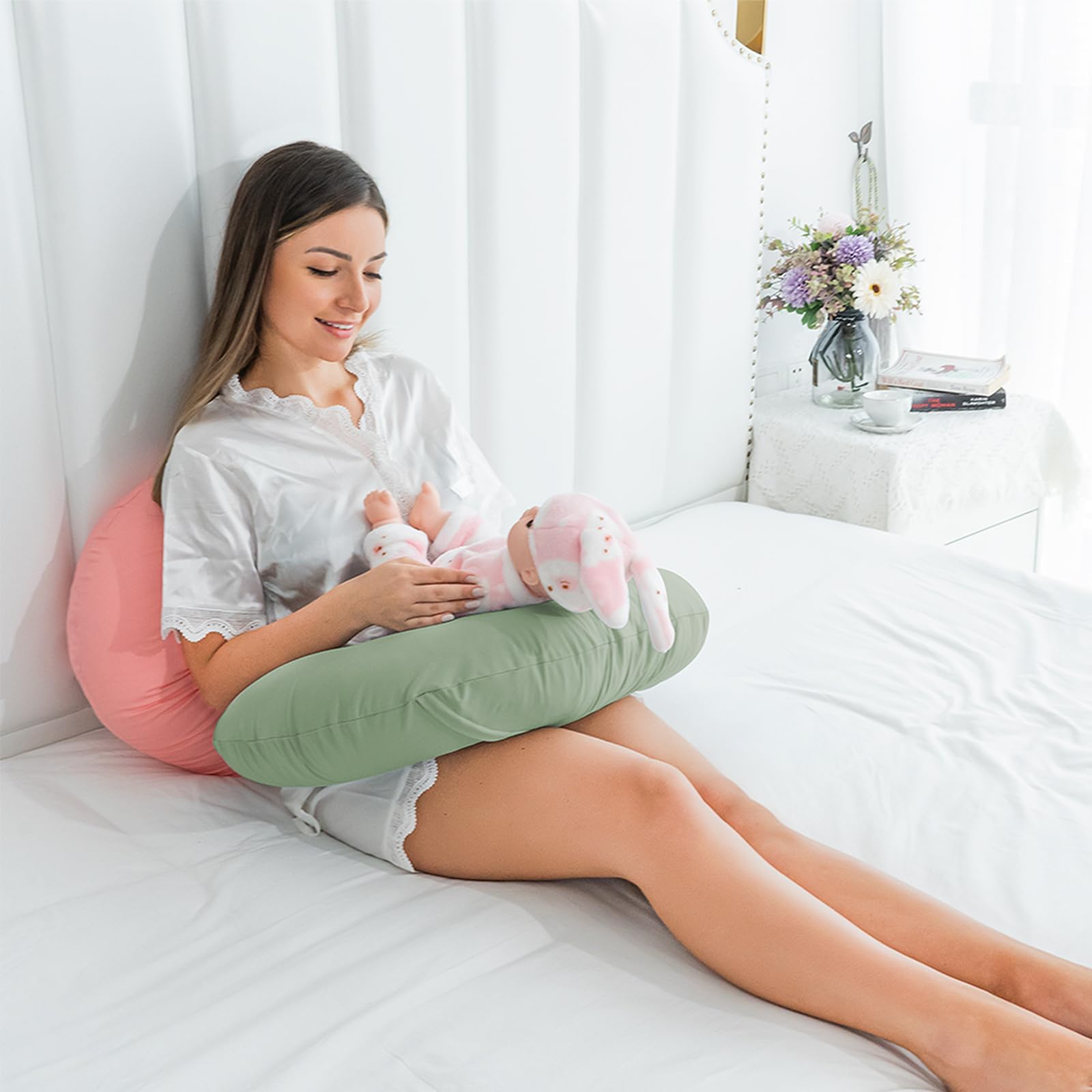 Poduszka do karmienia z 2 poszewkami na poduszki do karmienia piersią, poduszka do karmienia niemowląt z chłodzącą bawełną, można prać w pralce (jasnozielona)