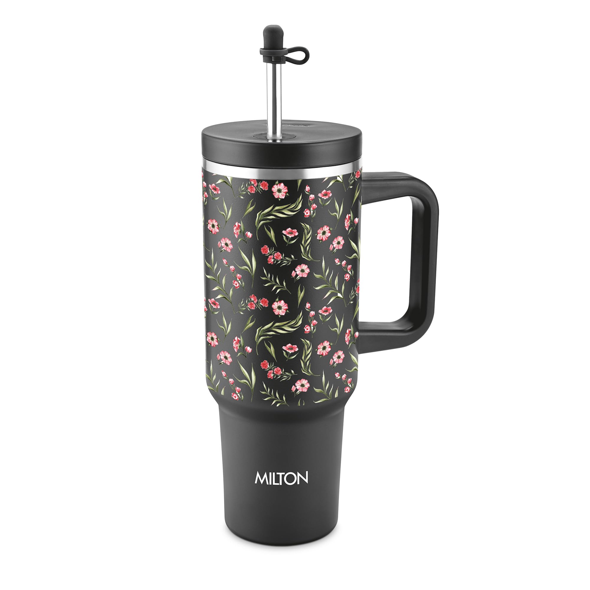 MILTON My Tumbler Studio 1200 Thermosteel Double Wall Vacuum Insulated SS Tumbler with Handle 1100ml, Leak Proof Travel Mug, Straw, Silicon Cap Cleaning Brush, Hot & Cold Beverage Flask, Black Floral
