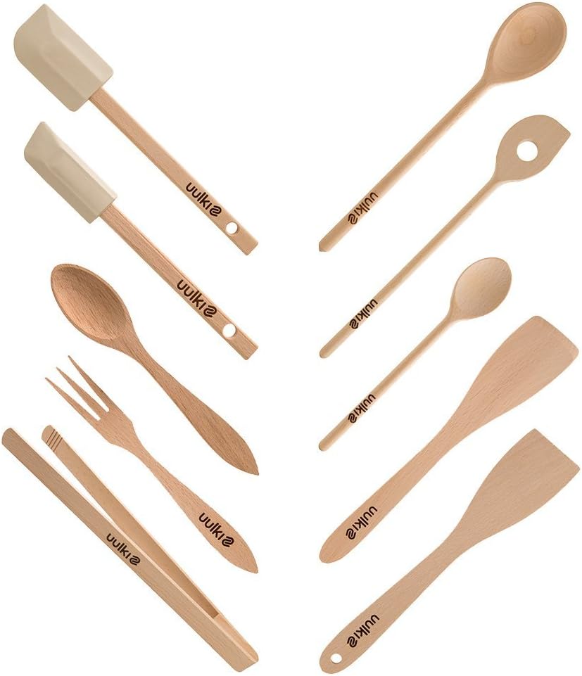 Wooden Cooking Utensils Kitchen Tools Set | Eco-Friendly Spoons, Food Turners, Baking Spatulas, Food BBQ Tongs, Salad Server from European Beechwood (10 pcs.)