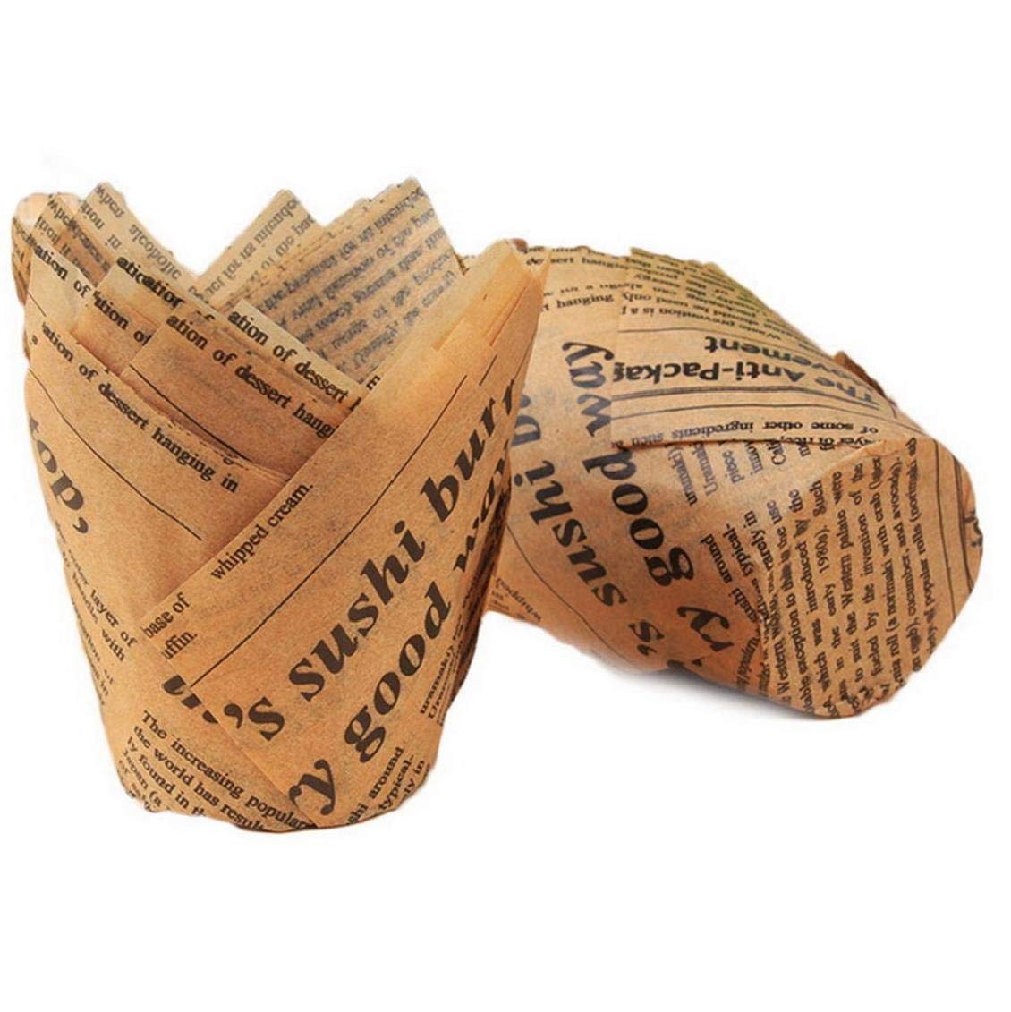 Hotaden Natural 50Pcs Newspaper Style Cupcake Liner Baking Cup For Wedding Party Caissettes Tulip Muffin Cupcake Paper Cup Oilproof Cake Wrapper
