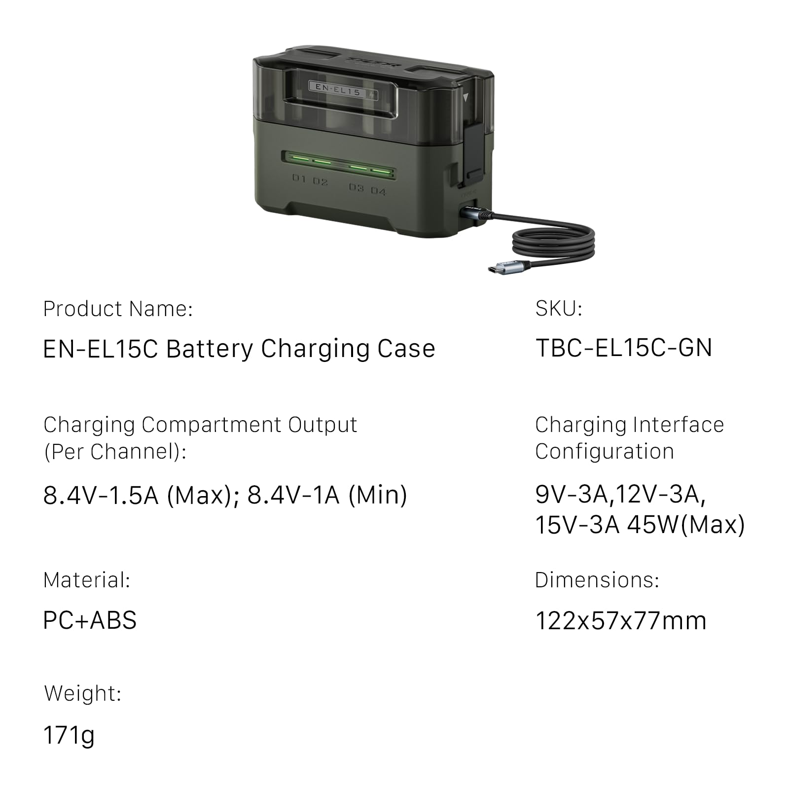 Chargeur de Batterie TILTA EN-EL15C, Station de Recharge Portable, Recharge 4 Batteries avec Une Recharge Rapide USB-C PD 45 W TBC-EL15-GN