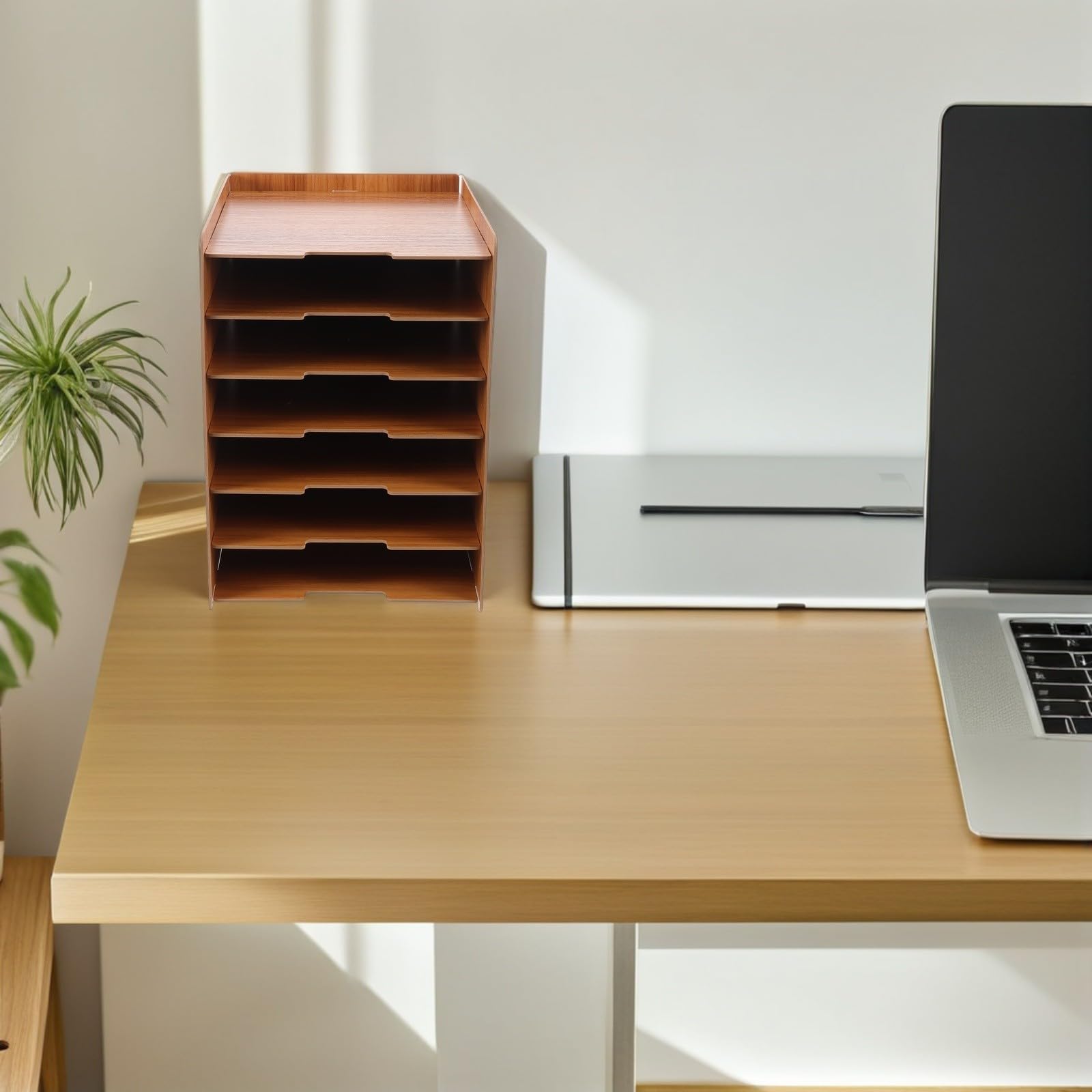 jojofuny Organizador de Archivos de Madera Natural para Oficina con 7 Niveles Apilables y Separación Escalonada Adecuado para Escritorio y Lugar de Trabajo
