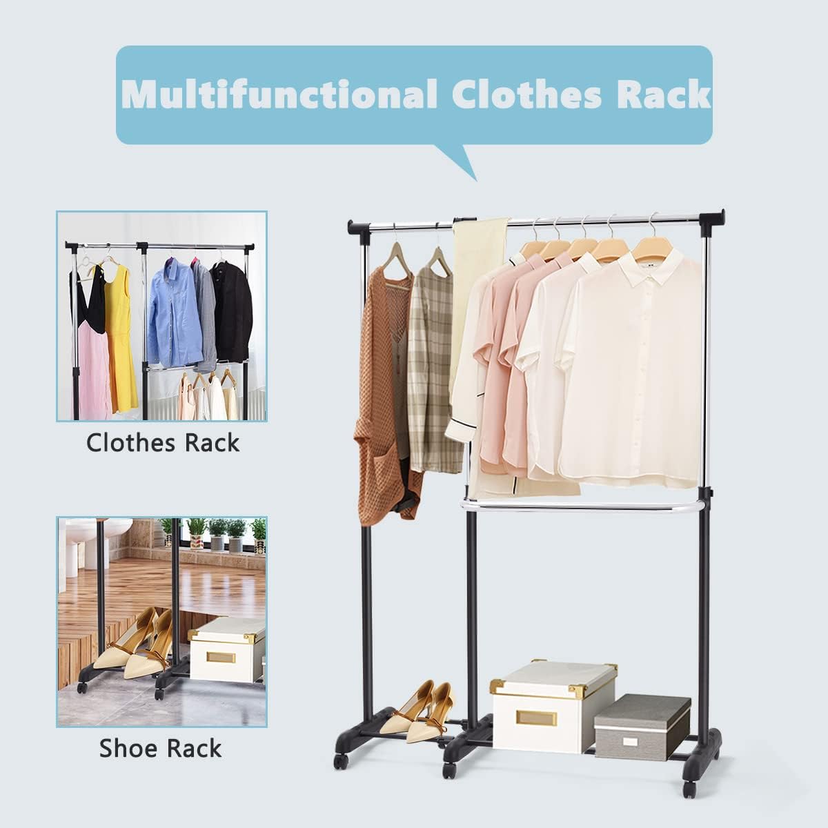 A close-up image showing the assembly of the vertical poles and horizontal rods of the clothes rack.