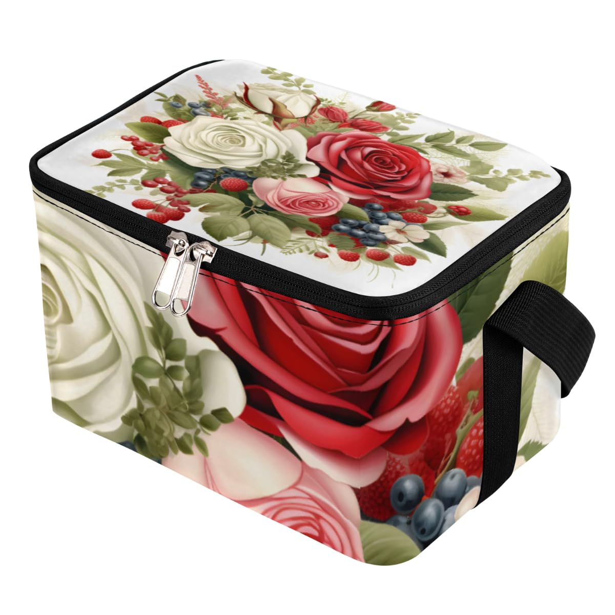 GzLeyigou Lunch Bags for Women Men 9 Cans,Botanical Floral Hot & Cold Food Delivery Bag Insulated Grocery Bag Insulated Lunch Box Roses Red White Cooler Bag for Office Work Picnic Beach