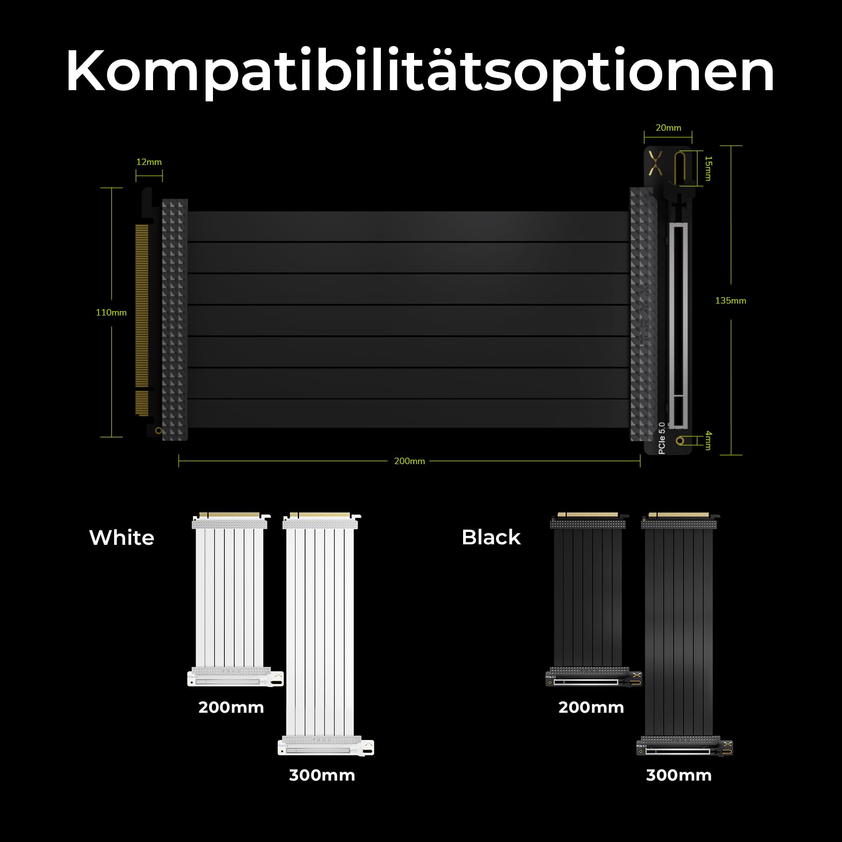 TRYX STRING PCIe 5.0 x16 Riser-Kabel 200 mm – Schwarz | 128 GB/s Bandbreite, vergoldete Kontakte, flexible Sleeve-Ummantelung, stabile Leistung für moderne GPUs