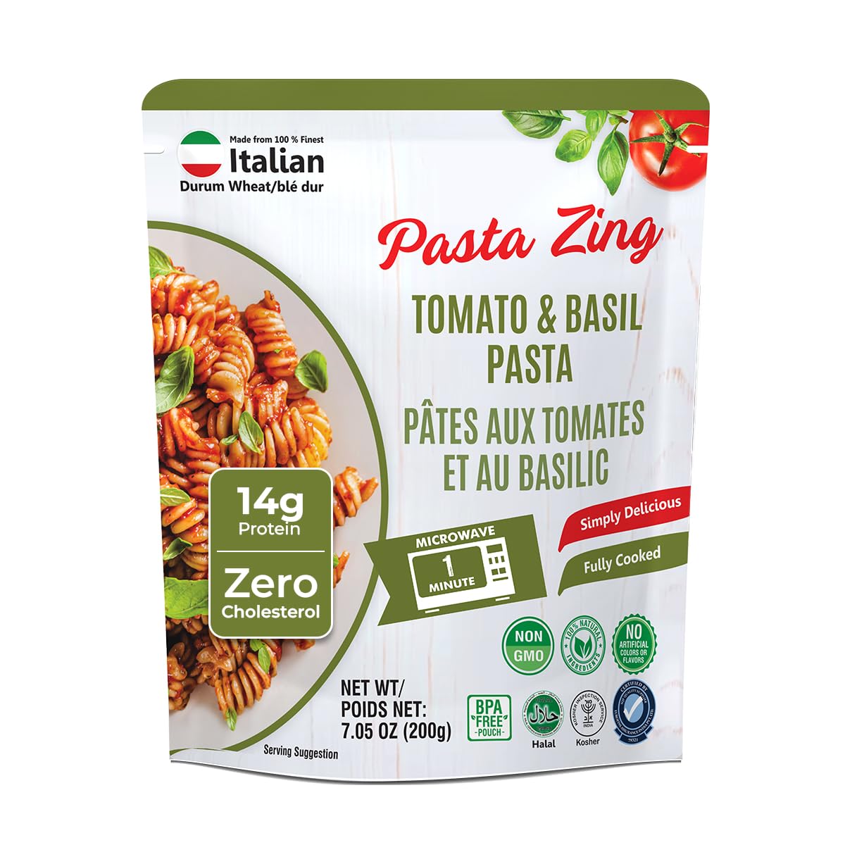 Pasta Zing Tomato & Basil Pasta, Authentic Italian Al-Dente Texture, Ready in 1 Minute, Made with Durum Wheat, 14g Protein 8.6g Fiber, Clean Label