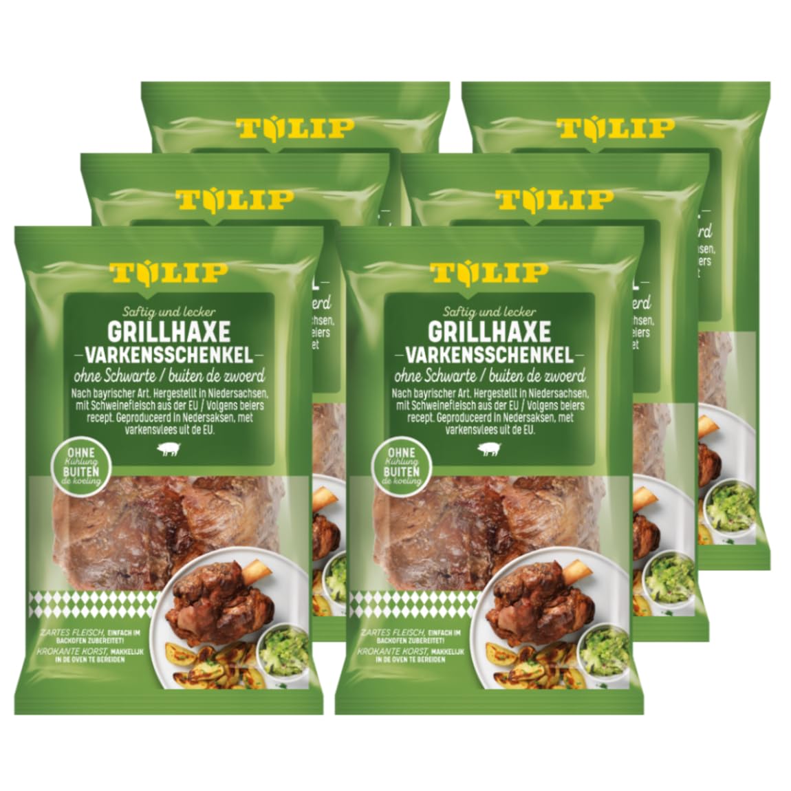 Tulip 6x 500g Schweinehaxe ohne Schwarte - Grillhaxe vorgegart tafelfertig | 6er Packung, glutenfrei, ungekühlt haltbar, im Ofen oder Grill in 35 Min zubereitet, saftiges Schweinefleisch aus der EU