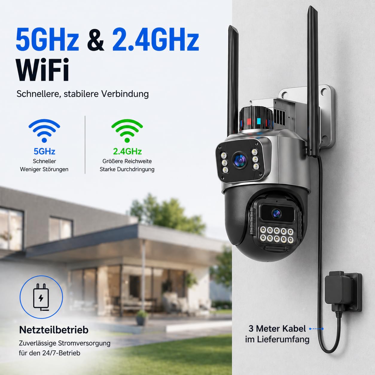 Überwachungskamera Aussen, 6MP Dual-Objektiv Kamera Überwachung Aussen, 360° PTZ, 6X Zoom, 5GHz/2.4GHz, Farb-Nachtsicht, Bewegungserkennung, Zwei-Wege-Audio, IP66, Netzbetrieb
