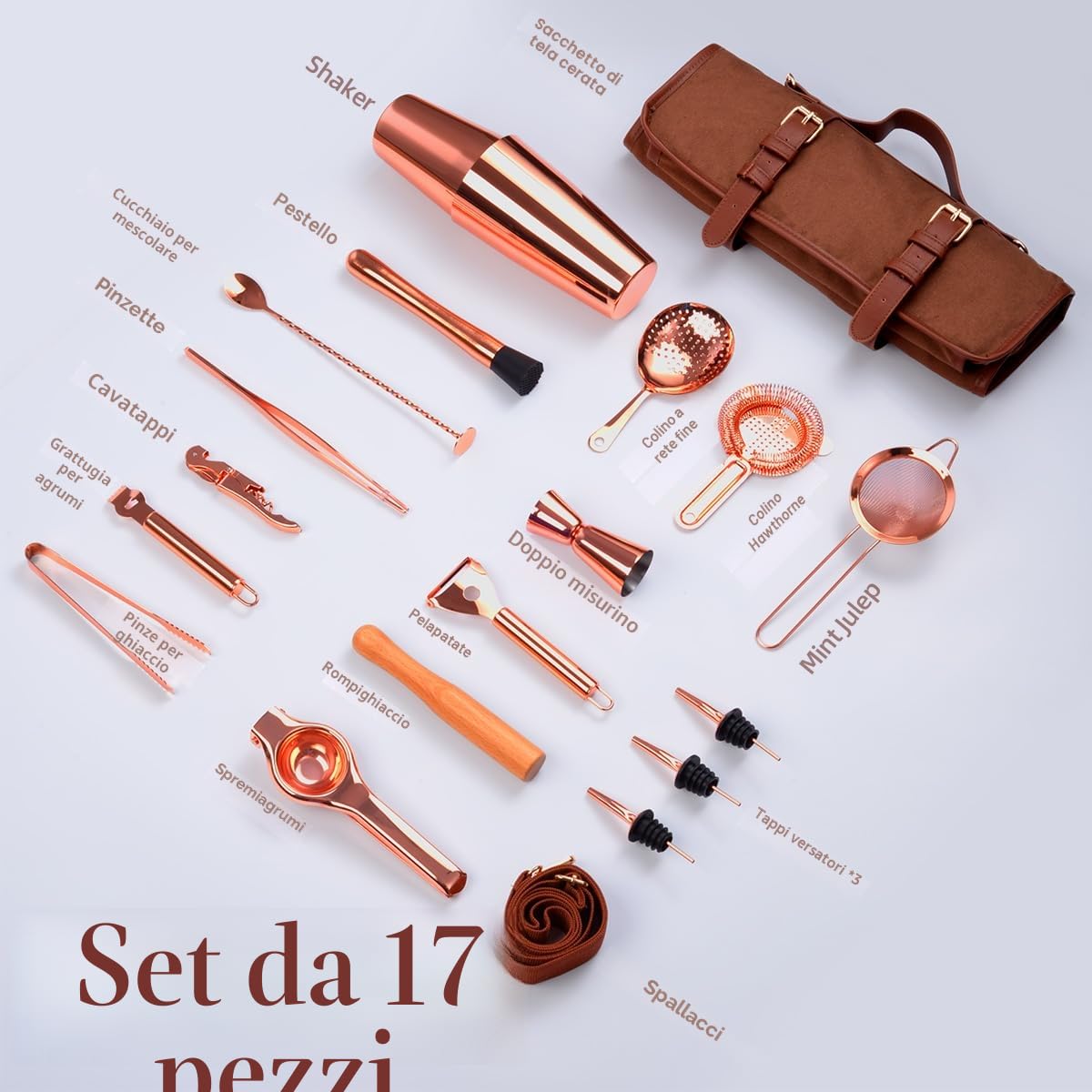 Kit Bartender Professionale di 17 Pezzi, Set Cocktail Shaker, Set Professionale da Bar Portatile per Cocktail, Borsa Kit Bar in Canvas Cerato con Tracolla per Barman, Feste