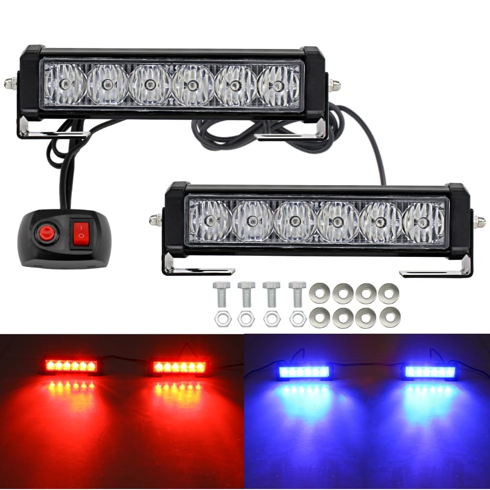 STDYSUN LED Emergency Strobe Lights Bar 2Pcs Red Change Blue Double Color Warning Police Grille Lights Bar Surface Mount fit for Motorcycle POV Utility Construction Vehicle and Tow Truck Van