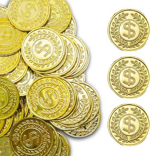 soitzhoc 100 piezas monedas de plastico，dinero de juguete，monedas de oro falsas,monedas juguete，monedas de oro de juguete para la caza del tesoro y los regalos de fiestas