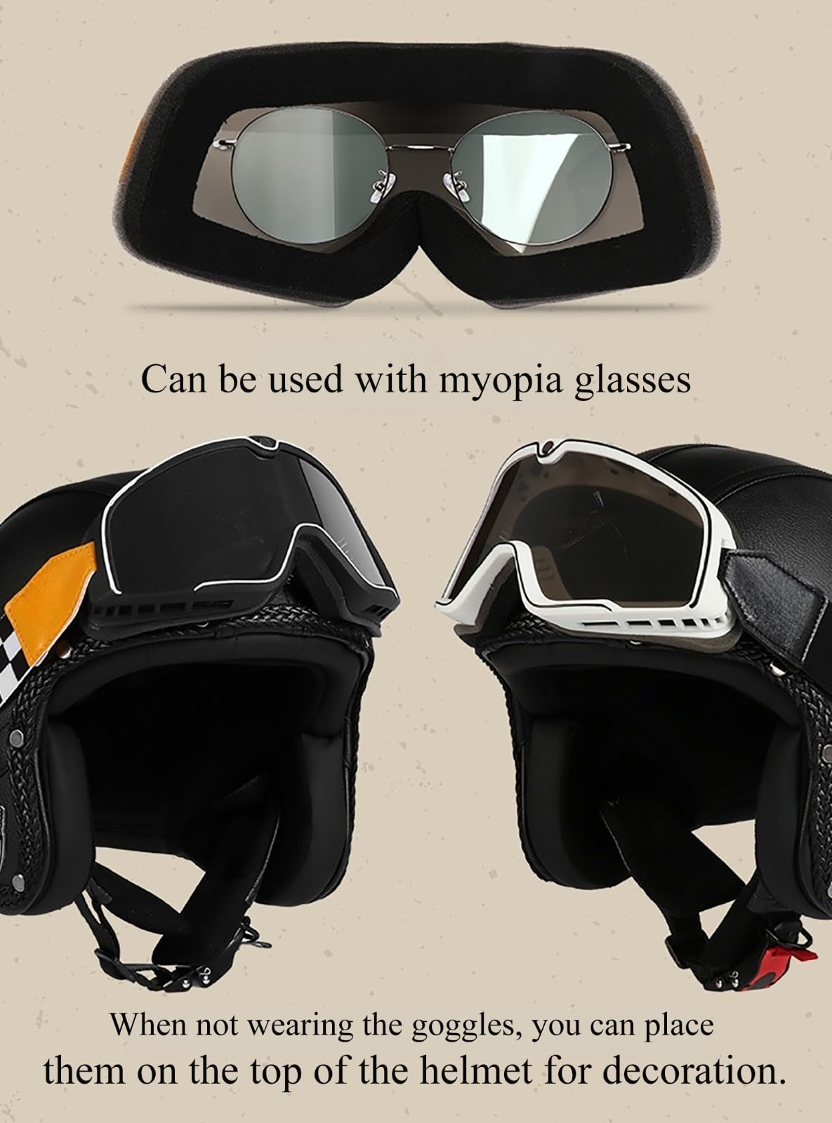 Niemiecki styl vintage kask motocyklowy otwarta twarz kask motocyklowy retro skórzany kask z okularami pół twarzy kask 3/4 dla dorosłych mężczyzn i kobiet D, XXL(62-63 cm)