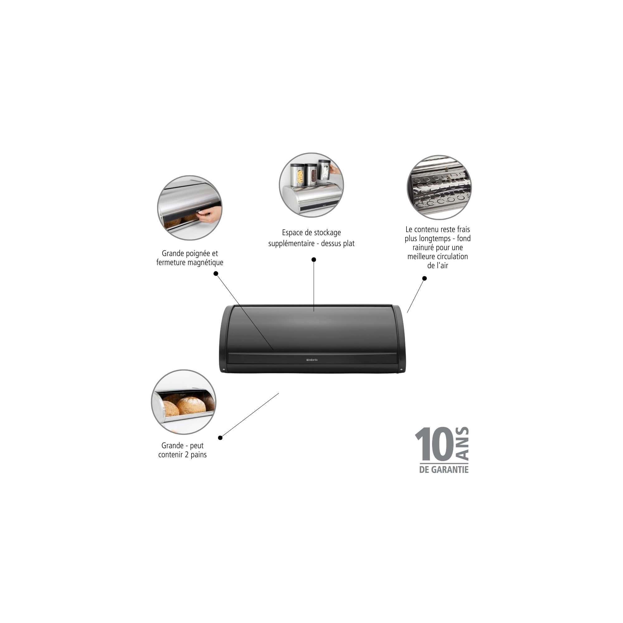 Brabantia Roll Top Boîte à Pain - Boite à pain, grande Taille, peut aussi servir a conserver des Bagels, des Petits Pains - Design avec Dessus Plat -Conçu dans un métal de qualité et durable