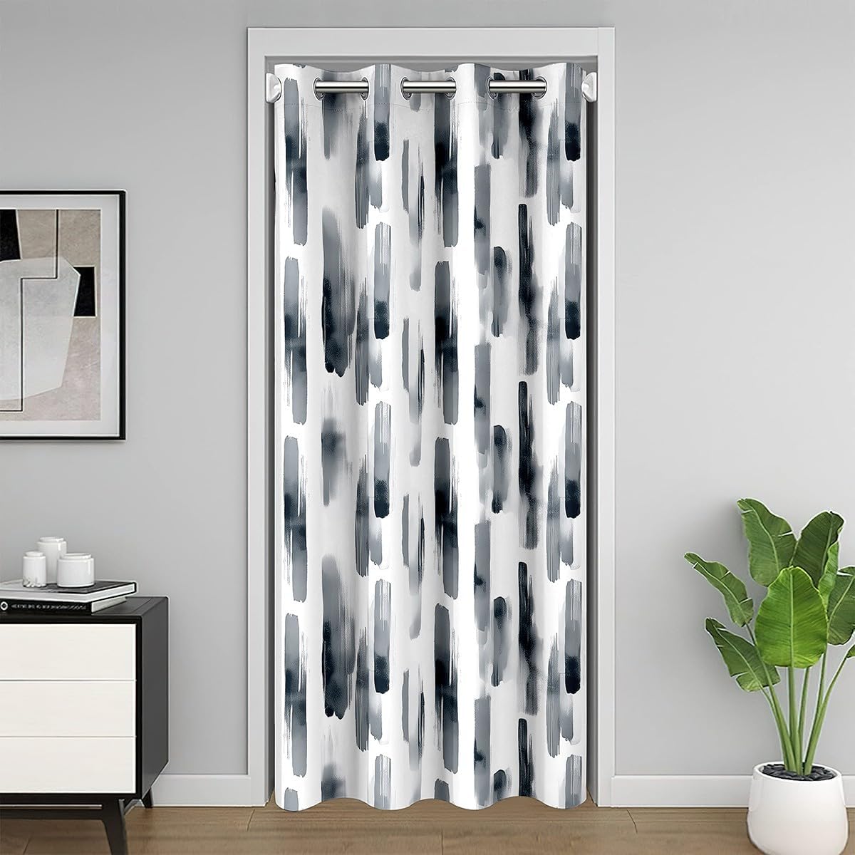 Erosebridal Black and White Door Curtain,Gray Art Abstract Striped Blackout Curtain for Women Men Adults,Boho Graffiti Watercolor Modern Door Drape,Ink Painting Aesthetic Geometric Decor,52"W X 80"L