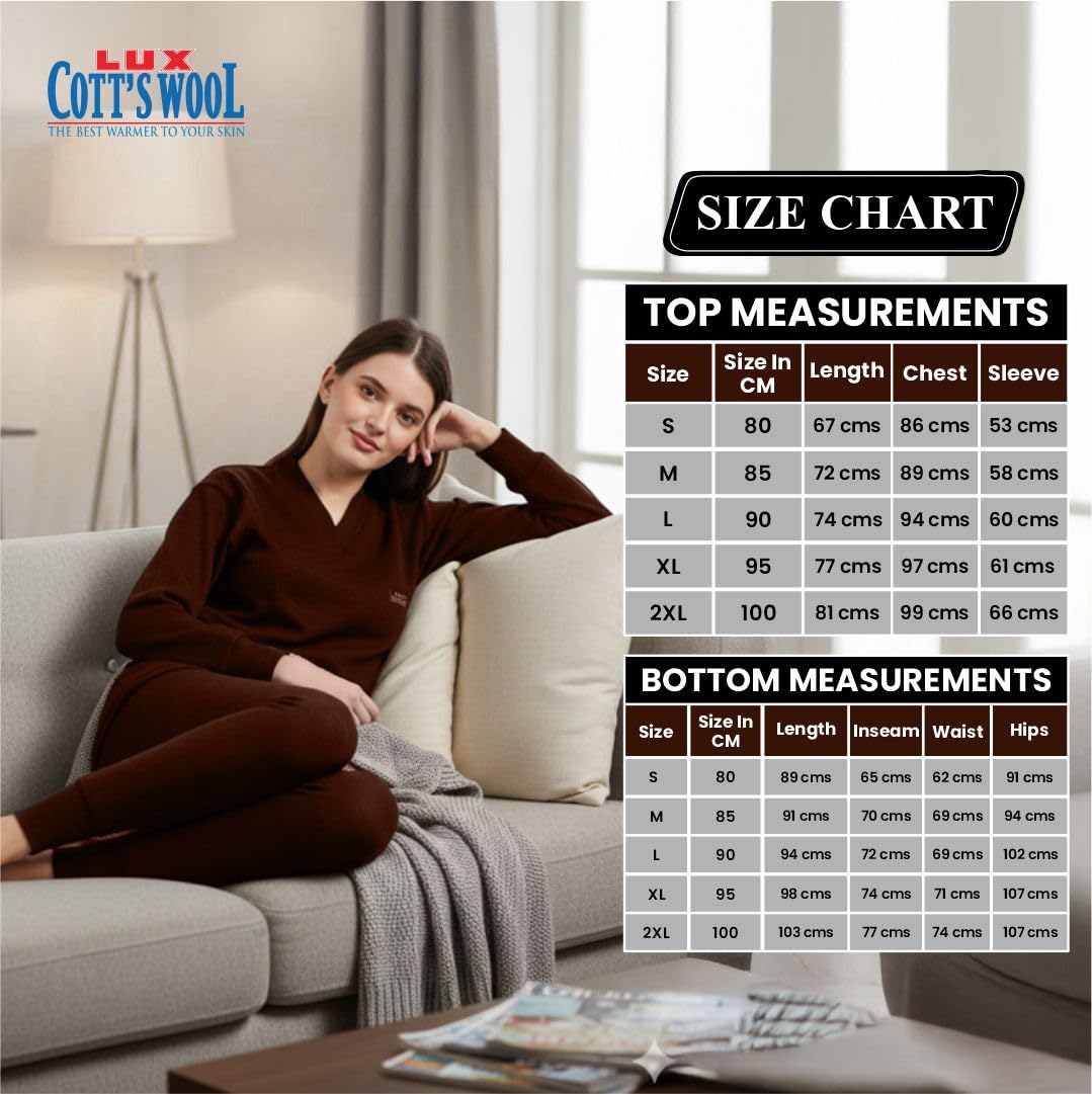 Lux Cottswool Women's V-Neck Thermal Top & Lower Set – Warm Innerwear for Winter, Soft & Comfortable Cotton Wool, Full Sleeve Top with Matching Bottom. Set of 1. (Brown_90CM) 3