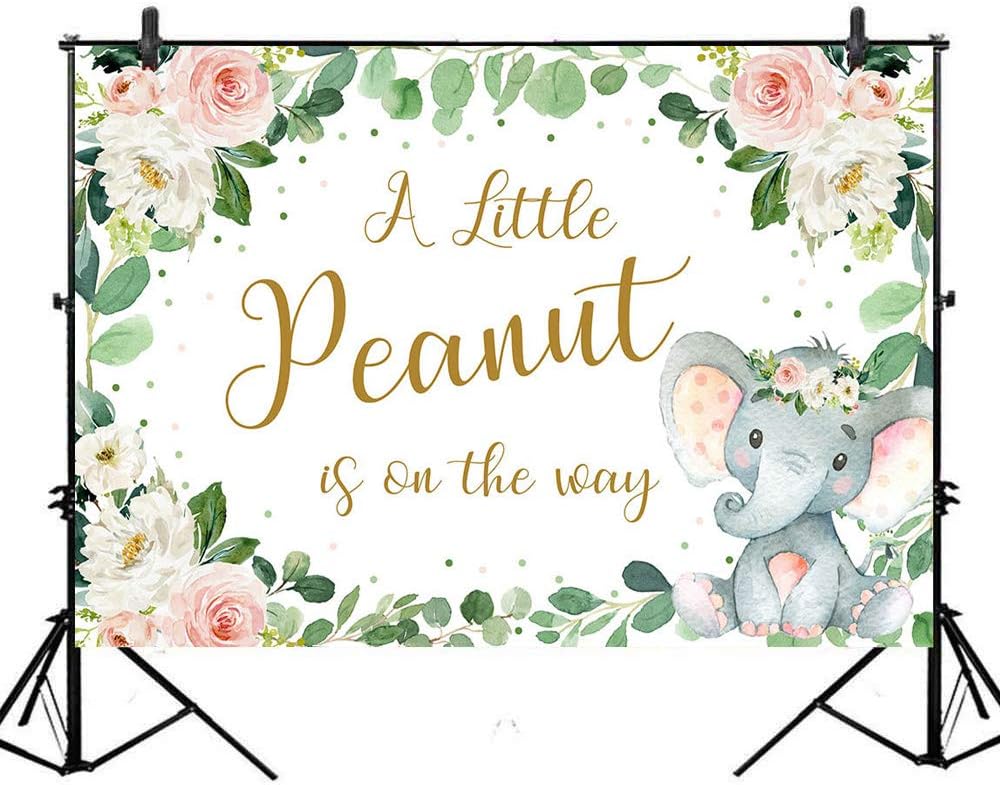 Mocsicka Elephant Baby Shower Backdrop Little Peanut Elephant Baby Shower Background 7x5ft Vinyl Pink Floral Elephant Backdrops for Baby Shower (7x5)