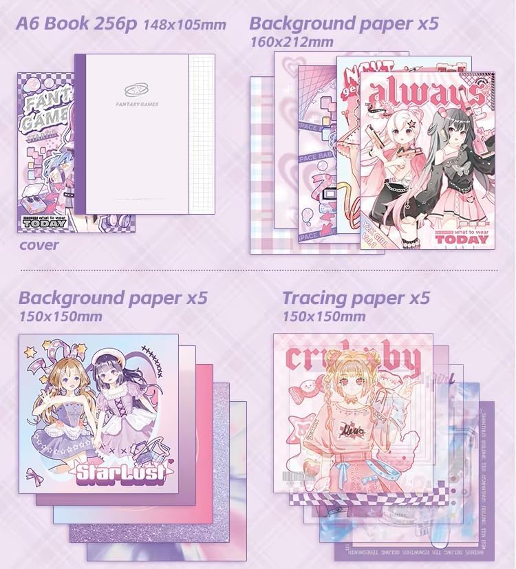 Image of VIBE VISTA Vintage Aesthetic Scrapbook Kit, 346 Pcs, A6 Grid Notebook, Washi, Envelopes, Scrapbook Papers, Folding Labels, Background Papers, Photo Frames, Calendar Stickers, Stickers (Fantasty Game)