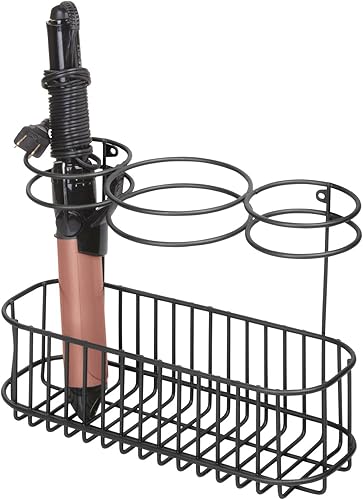 Miniatura 7 de mDesign Organizador de almacenamiento de herramientas para el cabello montado en la pared de acero para el baño, bandeja para colgar para secador de