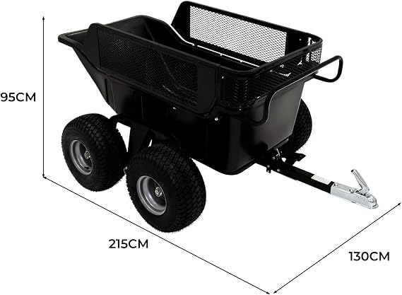 ATV Tipper Trailer 680kg 1500lbs Load Capacity Heavy Duty Quad Ride On Lawnmower Off Road Utility Cart Spring Loaded Tipping Farm Landscaping Garden Yard Removable Mesh Sides Fence Extension 4 Wheel