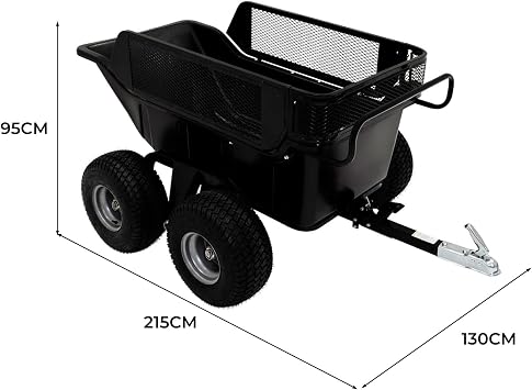 ATV Tipper Trailer 680kg 1500lbs Load Capacity Heavy Duty Quad Ride On Lawnmower Off Road Utility Cart Spring Loaded Tipping Farm Landscaping Garden Yard Removable Mesh Sides Fence Extension 4 Wheel
