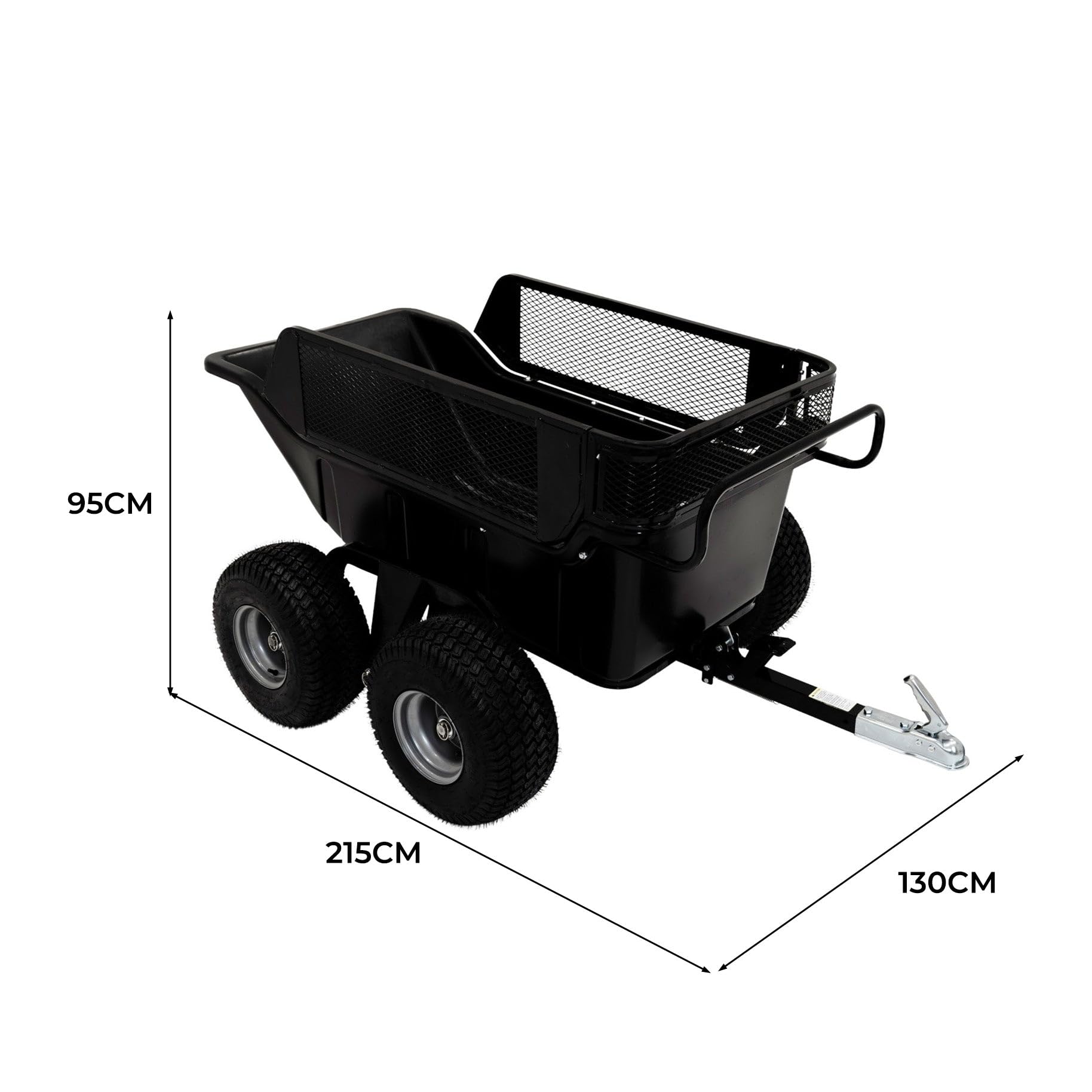Rimorchio Ribaltabile ATV Quad Tosaerba da Giardino Off Road Carrello Pesante 680kg 1500lbs Portata Sistema Ribaltabile a Molla Estensione Rete Rimovibile Traino Universale 4 Ruote Pneumatici 18”