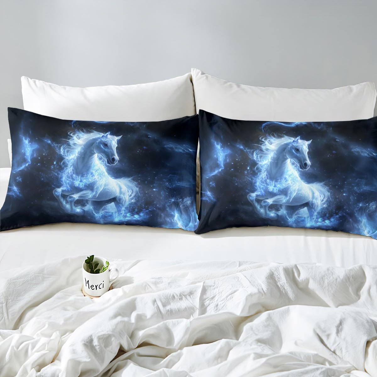 Feelyou Kids Horse Bedding Set Twin Size, Galloping Horse Comforter Cover Boys Girls 3D Wild Animal Duvet Cover Galaxy Teens Bedspread Cover Bed Set with 1 Pillow Case (No Comforter)