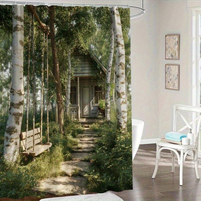 Rideau de douche forêt rustique 180x260 cm cabane de porche