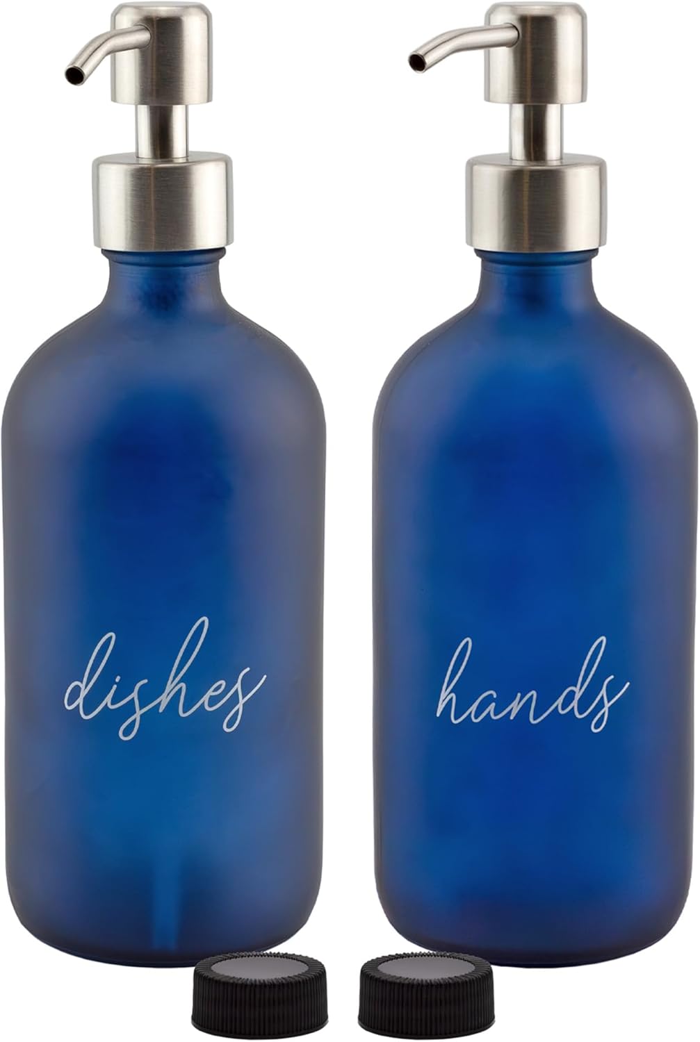 Cornucopia Brands 16oz Hands Dishes Pump Bottles (Blue, Set of 2); Frosted Blue Pump Dispensers for Kitchen and Home