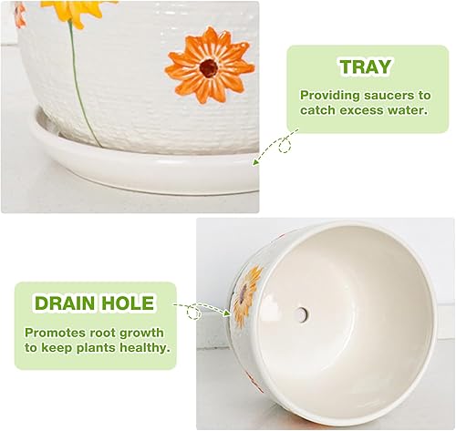 Miniatura 10 de Juego de 3 macetas de cerámica de 6.755.64.2 pulgadas con agujeros de drenaje y platillo, macetas para exteriores e interiores, macetas decorativas