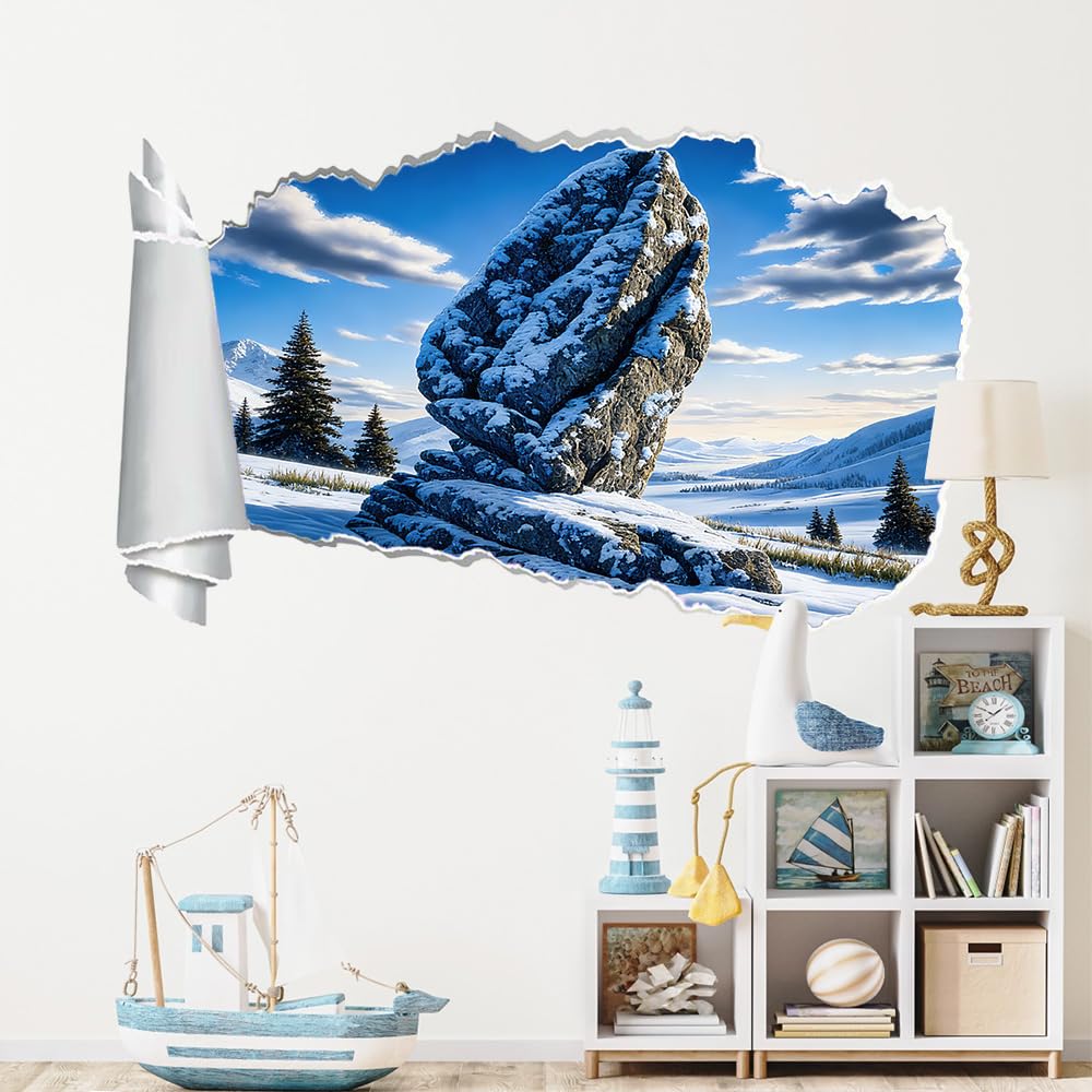 3D Durchbruch Wandtattoo Mädchen Kinderzimmer Stein Wandaufkleber Dekorative Winterliche Naturlandschaft Wandsticker für Junge Teenager Zimmer Wohnzimmer Schlafzimmer Wandbilder Deko