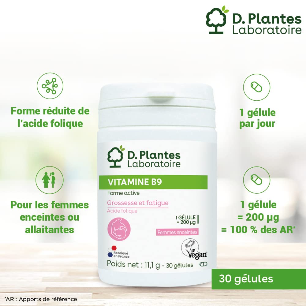 D.PLANTES - Vitamine B9 (acide folique) - Complément Alimentaire - Vitamine Grossesse, Allaitement, Fatigue - 1 Gélule = 100% AR (30 Gélules)