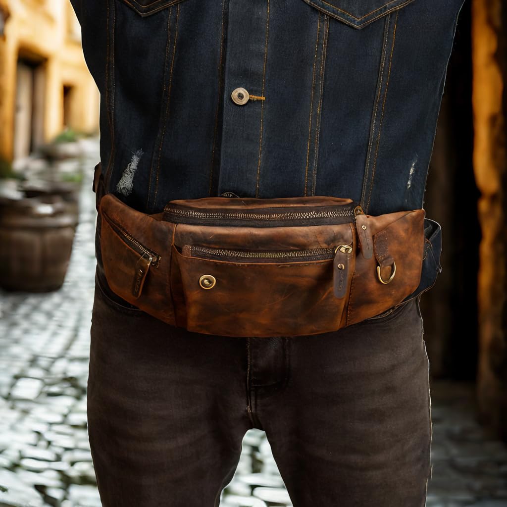 Handadsume Thick Crazy Horse Leather Hiking Riding Travel Outdoor Belt Bag Fanny Waist Pack Small Phone Pouch For Men Women 380 (389 Brown)