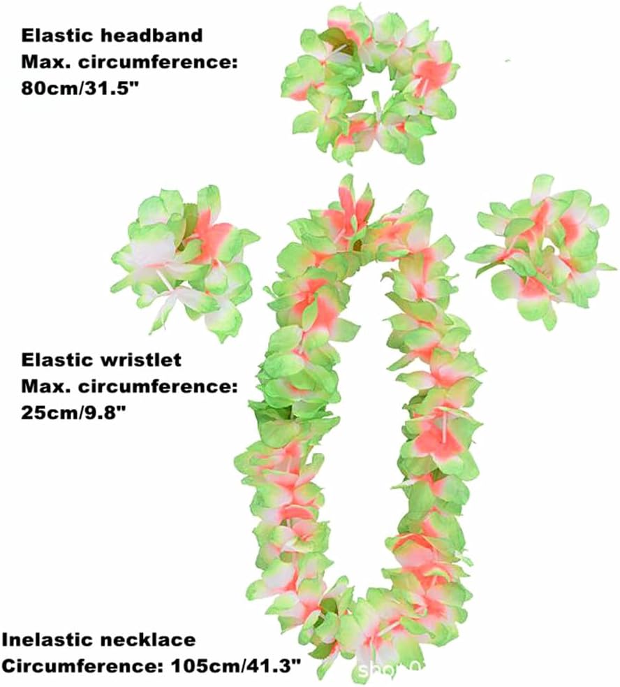 Hawaiian Leis Set,Thickened Artificial Flower Luau Necklace Bracelet Headband Garland Lei Set for Tropical Beach Theme or Halloween Holiday Party Decoration Costume Supplies (Green) image 4