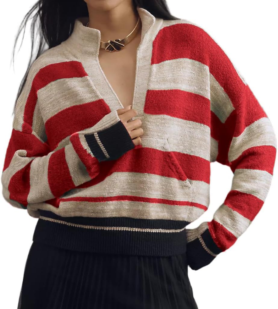 VAOYIU Women's Striped Knit Pullover Sweater Oversized V Neck Long Sleeve Top with Ribbed Hem and Cuffs for Fall Winter