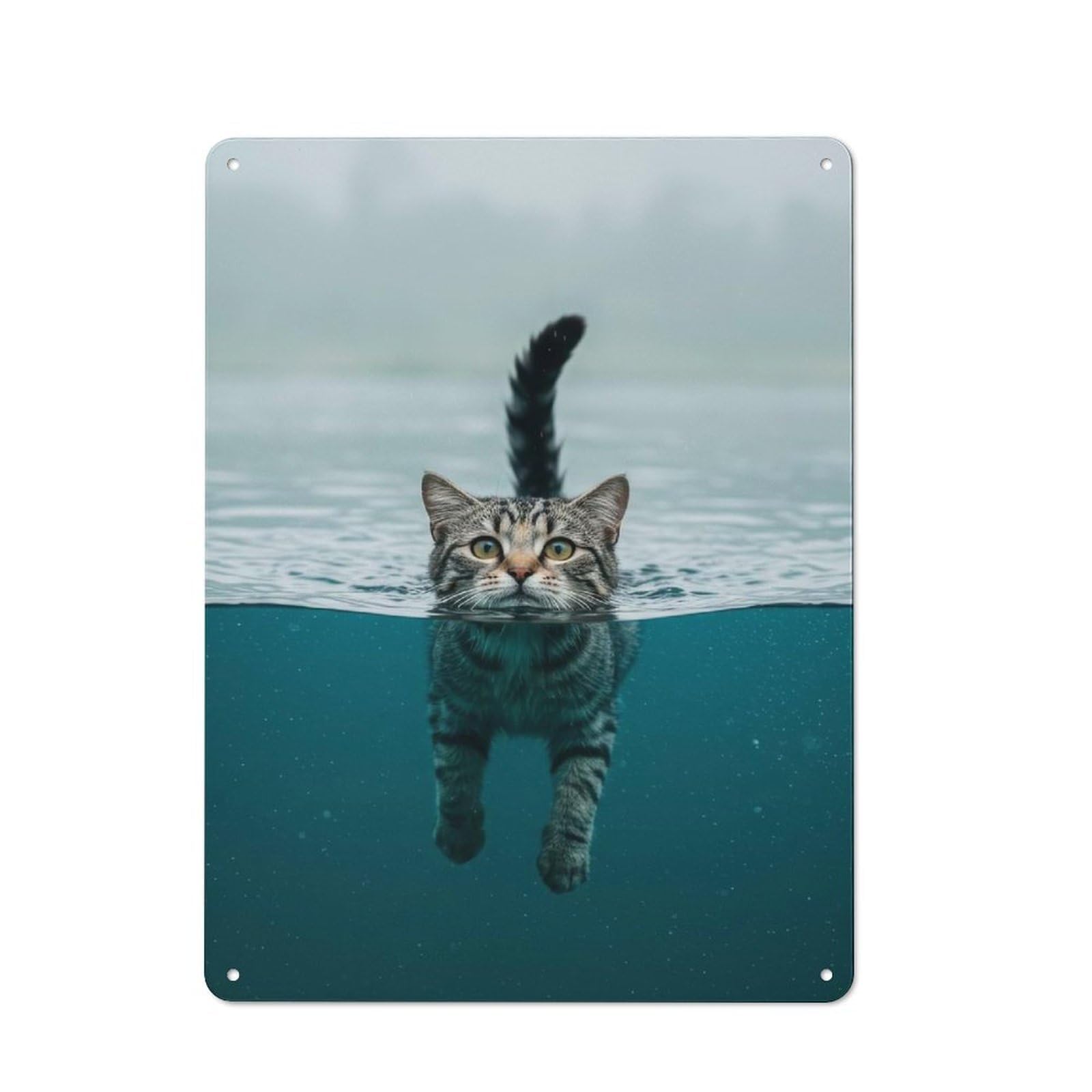 Tin Wall Plaque 40x30cm with Swimming Cat for Workshop Wall, Housewarming Wall Decor for People Furnishing Workshop